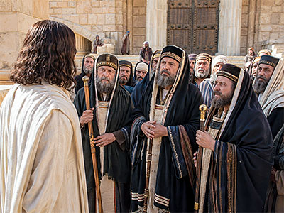 Jesus confronting the chief priests on the Temple Mount.